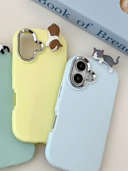Pink & Light Blue Cute Cat Pendant Phone Case- Compatible With Apple 16/15/14/13/12, Transsion And More, Kawai Light Blue/Pink Matte Phone Case With 3D Lying Cat Decor & Silver Camera Bump Shockproof