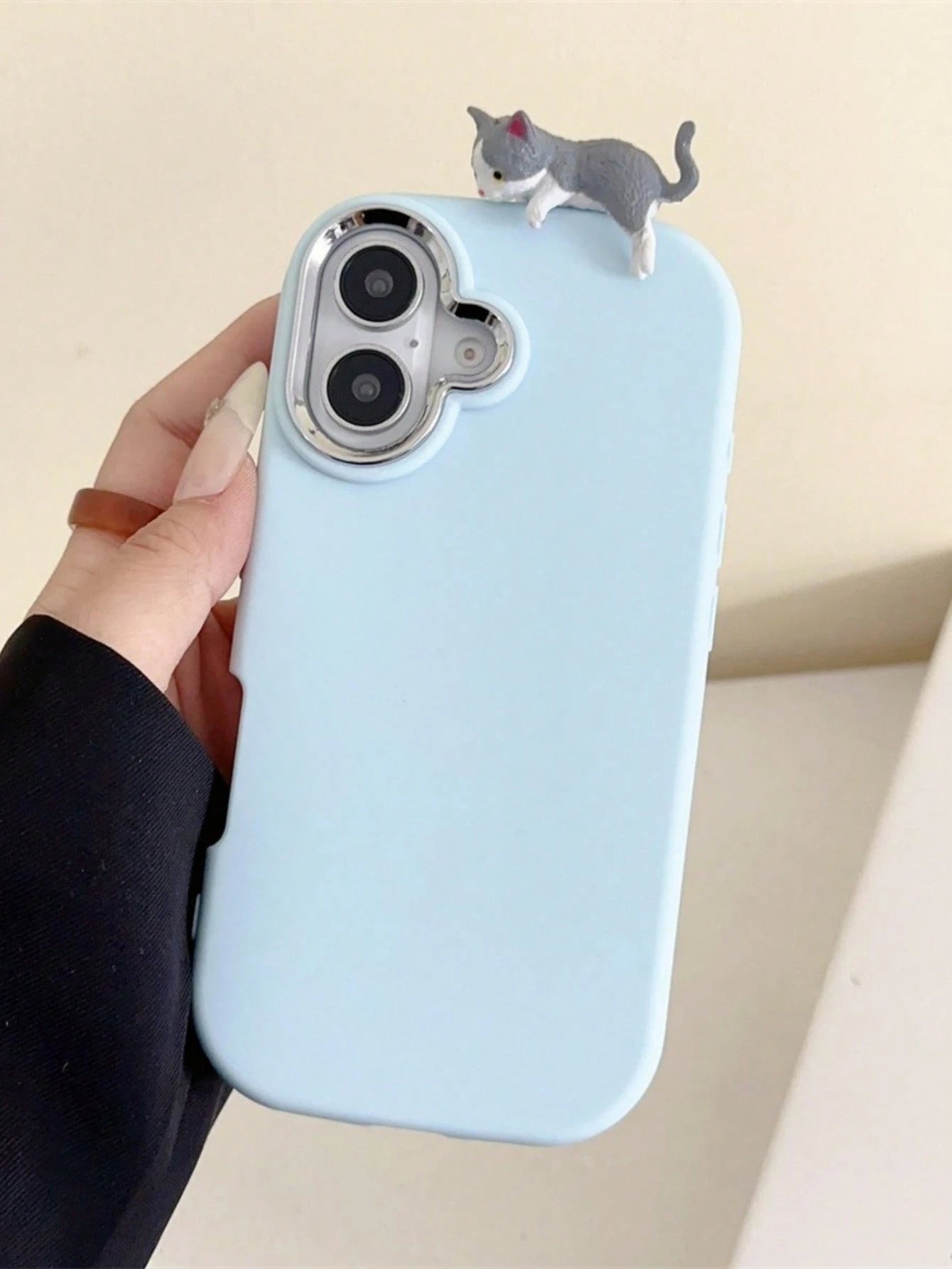 Pink & Light Blue Cute Cat Pendant Phone Case- Compatible With Apple 16/15/14/13/12, Transsion And More, Kawai Light Blue/Pink Matte Phone Case With 3D Lying Cat Decor & Silver Camera Bump Shockproof