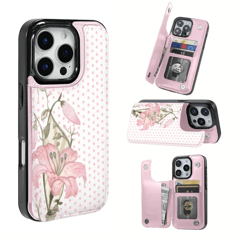 Pink Lilies And Polka Dot Background Textured Leather Phone Case With A SIM Card Slot, Compatible With The 17 Pro Max/Air/16/15/14/13/12/11 Series And S22/S23/S24/S25 Series. An Ideal Gift Choice Fo