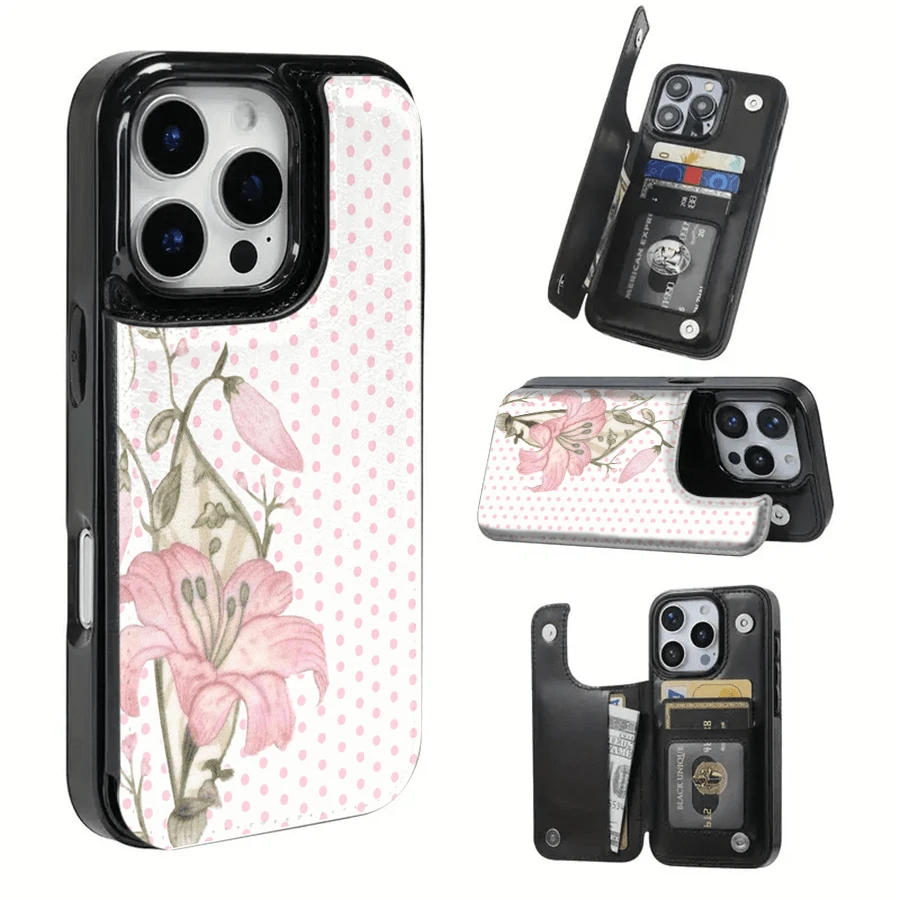 Pink Lilies And Polka Dot Background Textured Leather Phone Case With A SIM Card Slot, Compatible With The 17 Pro Max/Air/16/15/14/13/12/11 Series And S22/S23/S24/S25 Series. An Ideal Gift Choice Fo