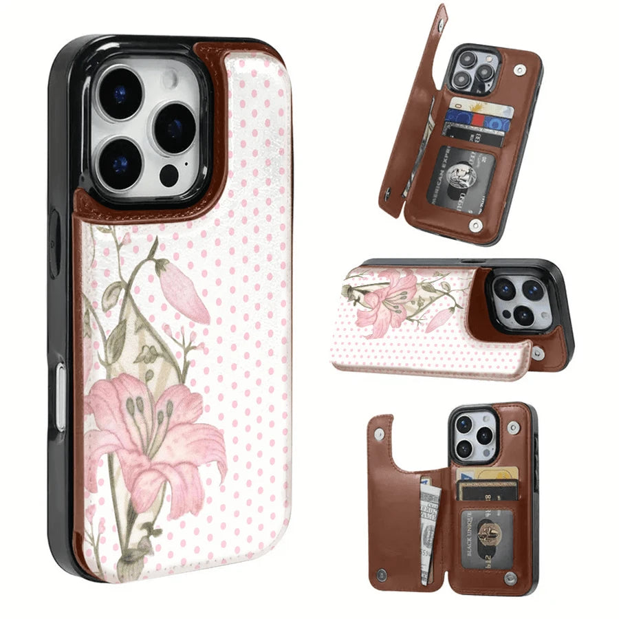 Pink Lilies And Polka Dot Background Textured Leather Phone Case With A SIM Card Slot, Compatible With The 17 Pro Max/Air/16/15/14/13/12/11 Series And S22/S23/S24/S25 Series. An Ideal Gift Choice Fo