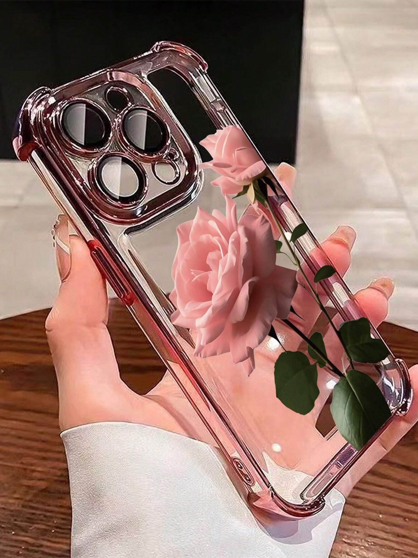 Pink Rose Flower Pattern Fashion Phone Case 1pc New Pink Rose Electroplated Airbag Anti-Fall/Thickened Transparent TPU Protective Case Compatible With IPhone 17/16 Pro Max/16 Pro/16/13 Pro Max/12 Pro