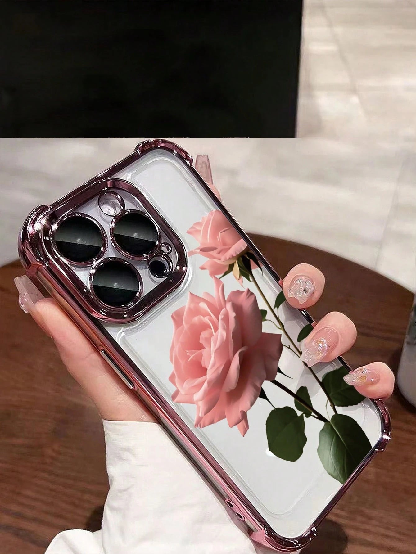 Pink Rose Flower Pattern Fashion Phone Case 1pc New Pink Rose Electroplated Airbag Anti-Fall/Thickened Transparent TPU Protective Case Compatible With IPhone 17/16 Pro Max/16 Pro/16/13 Pro Max/12 Pro