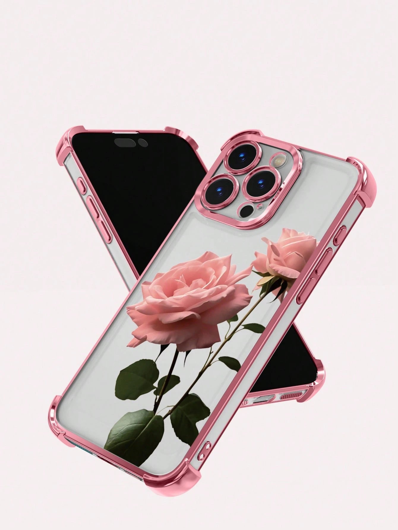 Pink Rose Flower Pattern Fashion Phone Case 1pc New Pink Rose Electroplated Airbag Anti-Fall/Thickened Transparent TPU Protective Case Compatible With IPhone 17/16 Pro Max/16 Pro/16/13 Pro Max/12 Pro