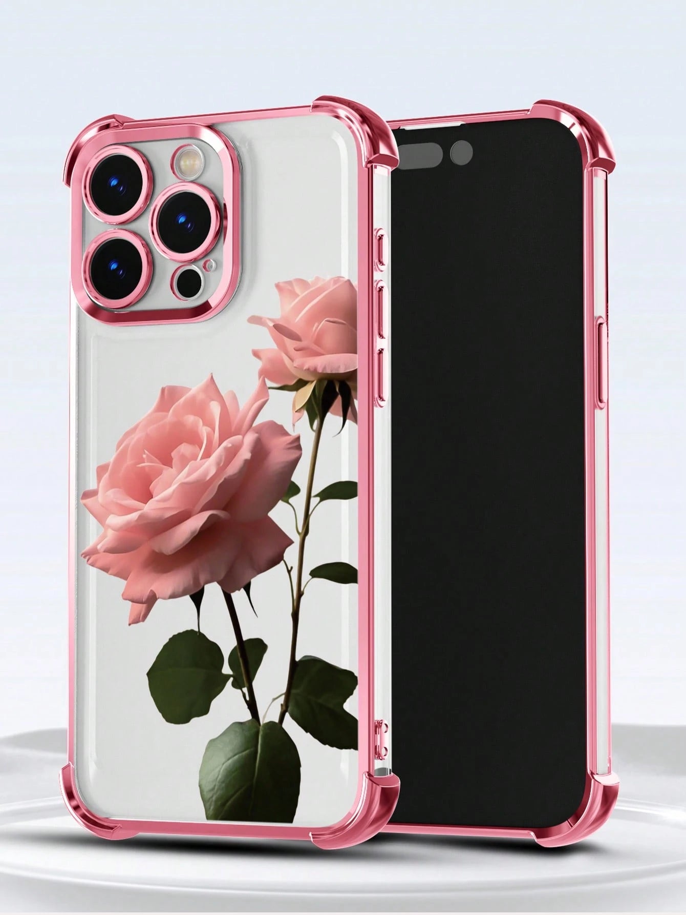 Pink Rose Flower Pattern Fashion Phone Case 1pc New Pink Rose Electroplated Airbag Anti-Fall/Thickened Transparent TPU Protective Case Compatible With IPhone 17/16 Pro Max/16 Pro/16/13 Pro Max/12 Pro
