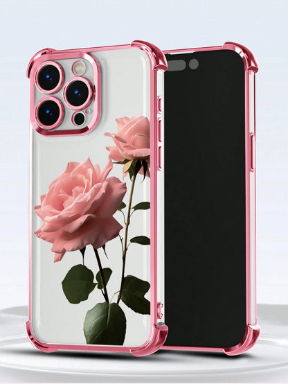 Pink Rose Flower Pattern Fashion Phone Case 1pc New Pink Rose Electroplated Airbag Anti-Fall/Thickened Transparent TPU Protective Case Compatible With IPhone 17/16 Pro Max/16 Pro/16/13 Pro Max/12 Pro