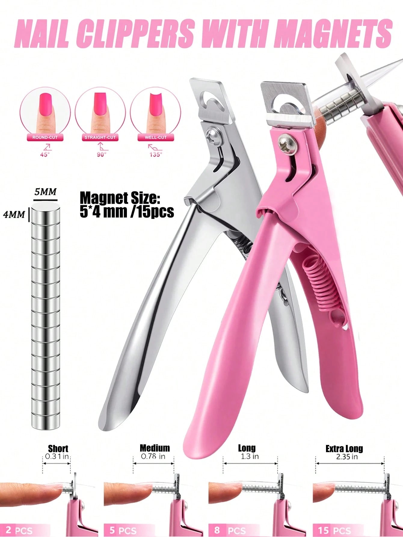 Pink/Silver Adjustable Nail Clippers, Includes 15pcs Magnetic And Size Ruler, Stainless Steel Fake Nail Tip Scissors, Suitable For Acrylic/Fake Nails, Sharp Blade Nail Art Tools, Salon Nail Supplies