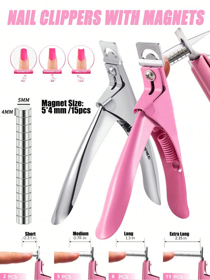 Pink/Silver Adjustable Nail Clippers, Includes 15pcs Magnetic And Size Ruler, Stainless Steel Fake Nail Tip Scissors, Suitable For Acrylic/Fake Nails, Sharp Blade Nail Art Tools, Salon Nail Supplies