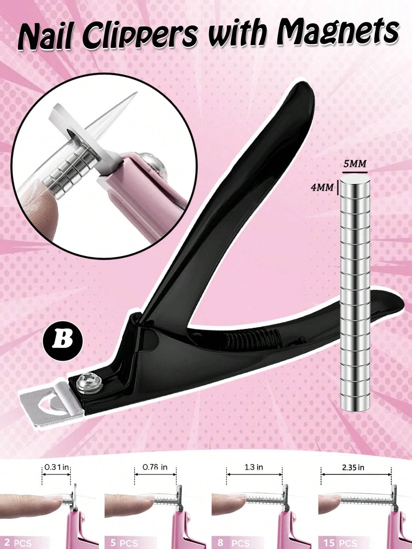 Pink/Silver Adjustable Nail Clippers, Includes 15pcs Magnetic And Size Ruler, Stainless Steel Fake Nail Tip Scissors, Suitable For Acrylic/Fake Nails, Sharp Blade Nail Art Tools, Salon Nail Supplies