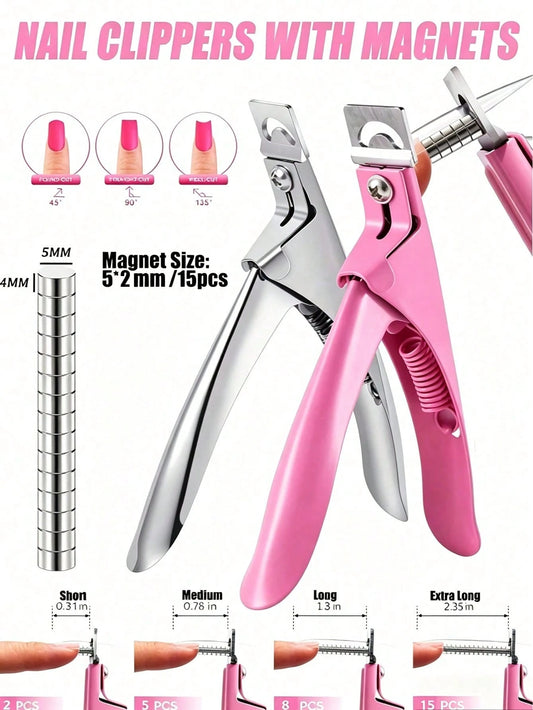 Pink/Silver Adjustable Nail Clippers With 15 Magnets And Size Ruler, Stainless Steel Fake Nail Tip Trimmer For Acrylic/False Nails, Sharp Blade Nail Art Tool, Salon Nail Supplies, Gift For Women/Girls