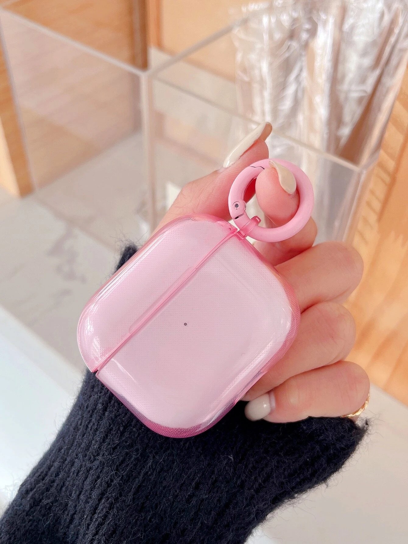 Pink Solid Color Bluetooth Earphone Case Pink Solid Color Transparent Protective Case With Ring Buckle Anti-Drop Earphone Case Compatible With Apple 1/2/3/4 Pro Pro 2nd Generation Bluetooth Earphones