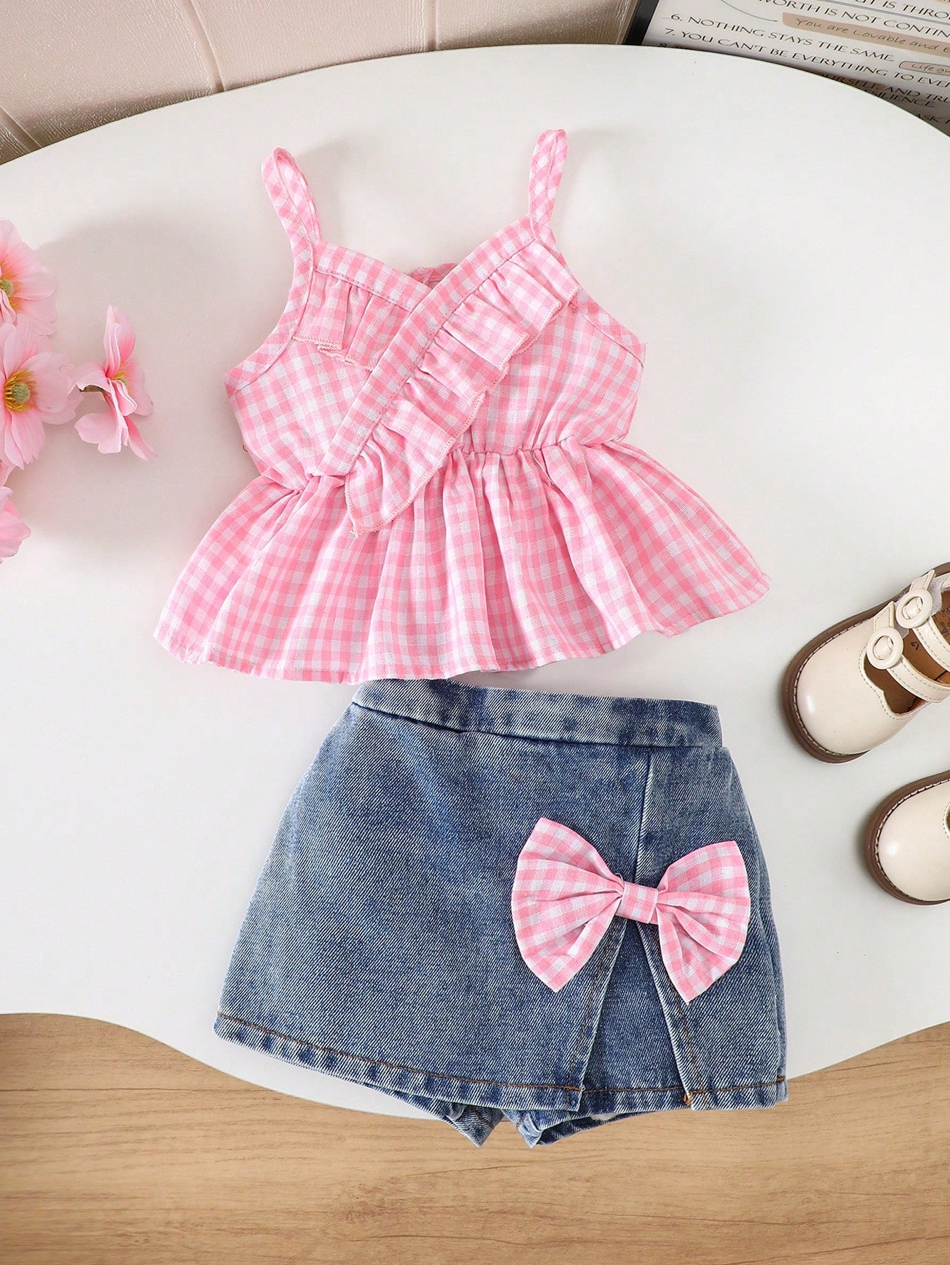 Playful Pals 2pcs/Set Baby Girl Spring&Summer Casual Style,Plain Sleeveless Slip Top&Bowknot Decoration Short Jeans