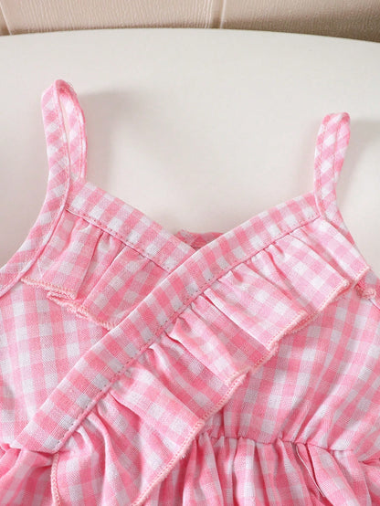Playful Pals 2pcs/Set Baby Girl Spring&Summer Casual Style,Plain Sleeveless Slip Top&Bowknot Decoration Short Jeans