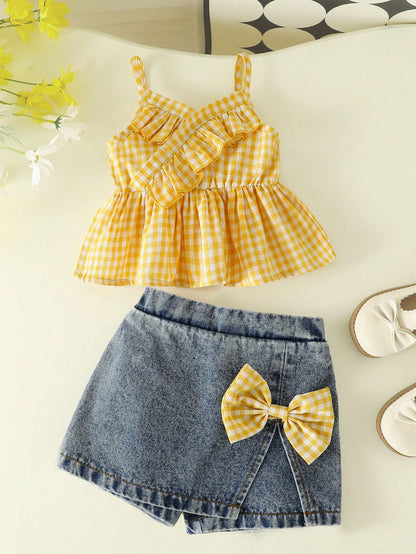 Playful Pals 2pcs/Set Baby Girl Spring&Summer Casual Style,Plain Sleeveless Slip Top&Bowknot Decoration Short Jeans