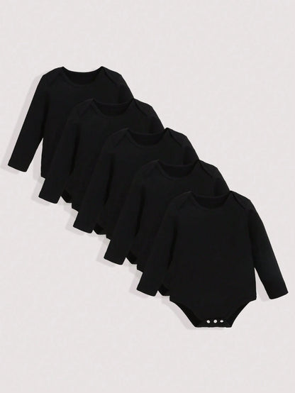 Playful Pals 5pcs/Set Baby Boy Casual Solid Color Bodysuits, Versatile Long Sleeve Bodysuit, All Season Chic Outfits For Autumn/Winter