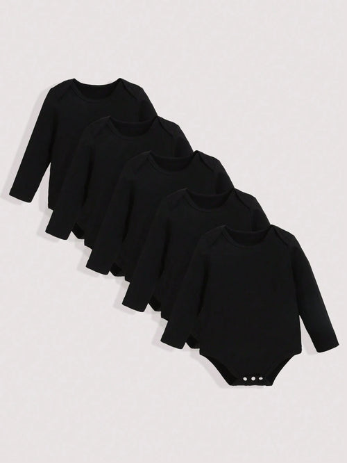 Playful Pals 5pcs/Set Baby Boy Casual Solid Color Bodysuits, Versatile Long Sleeve Bodysuit, All Season Chic Outfits For Autumn/Winter
