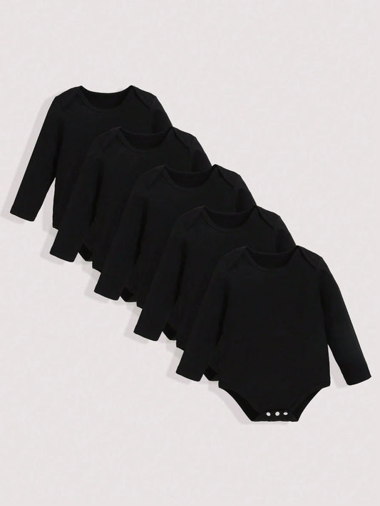 Playful Pals 5pcs/Set Baby Boy Casual Solid Color Bodysuits, Versatile Long Sleeve Bodysuit, All Season Chic Outfits For Autumn/Winter