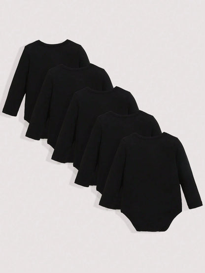 Playful Pals 5pcs/Set Baby Boy Casual Solid Color Bodysuits, Versatile Long Sleeve Bodysuit, All Season Chic Outfits For Autumn/Winter
