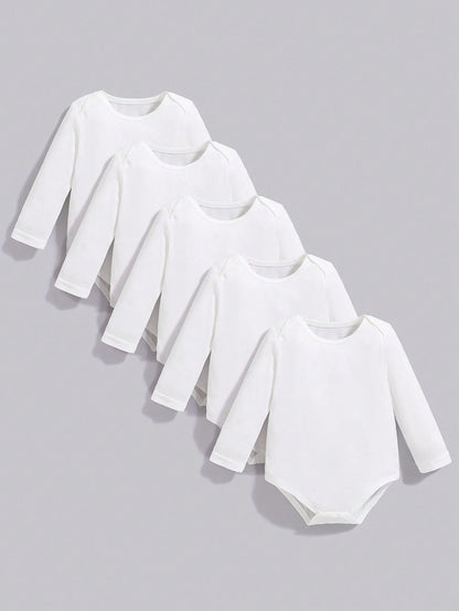 Playful Pals 5pcs/Set Baby Boy Casual Solid Color Bodysuits, Versatile Long Sleeve Bodysuit, All Season Chic Outfits For Autumn/Winter