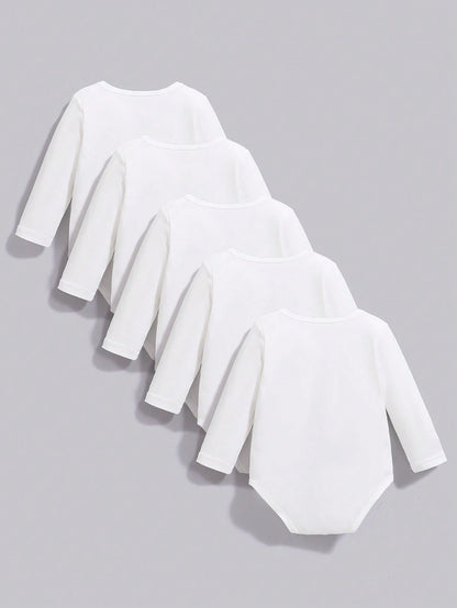 Playful Pals 5pcs/Set Baby Boy Casual Solid Color Bodysuits, Versatile Long Sleeve Bodysuit, All Season Chic Outfits For Autumn/Winter