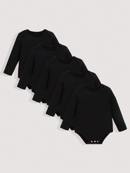 Playful Pals 5pcs/Set Baby Boy Casual Solid Color Bodysuits, Versatile Long Sleeve Bodysuit, All Season Chic Outfits For Autumn/Winter