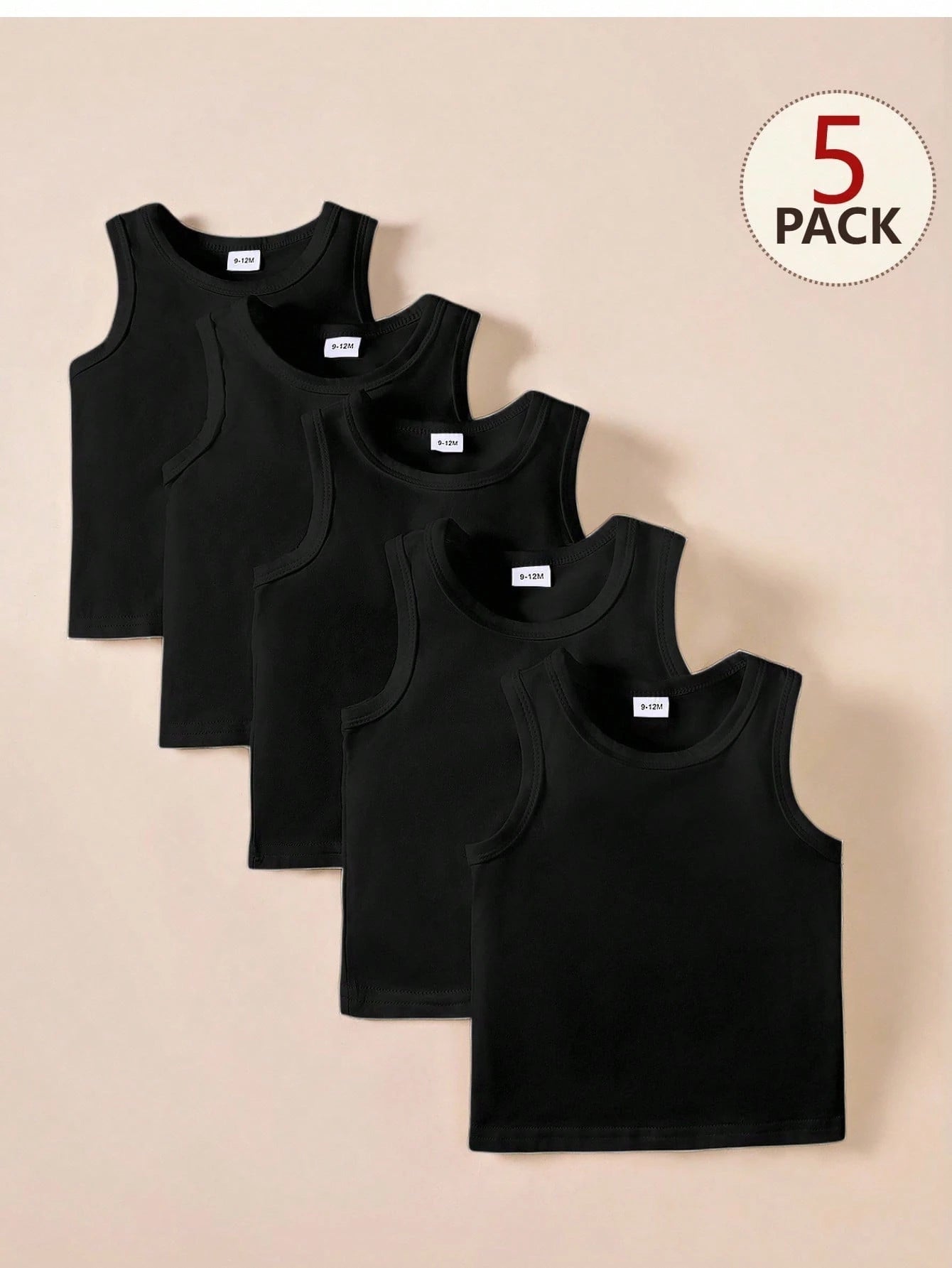 Playful Pals 5pcs/Set Baby Boys Black Knit Sleeveless Tank Tops Summer Casual Work Vest Tees For 6 Months To 3 Years Soft Layering Piece For Outings And Travel