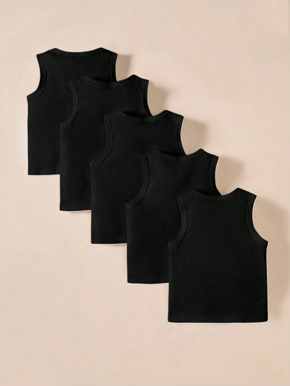Playful Pals 5pcs/Set Baby Boys Black Knit Sleeveless Tank Tops Summer Casual Work Vest Tees For 6 Months To 3 Years Soft Layering Piece For Outings And Travel