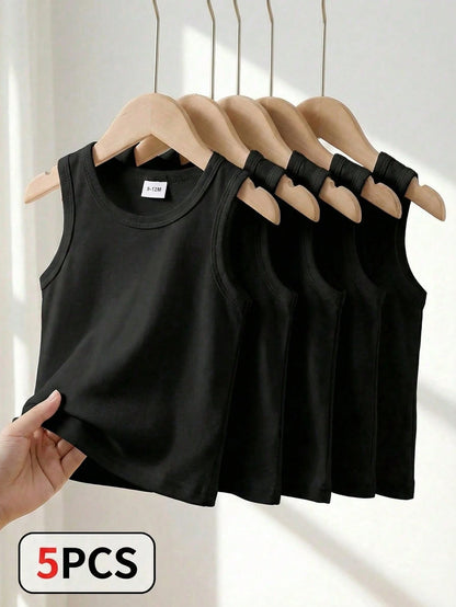 Playful Pals 5pcs/Set Baby Boys Black Knit Sleeveless Tank Tops Summer Casual Work Vest Tees For 6 Months To 3 Years Soft Layering Piece For Outings And Travel