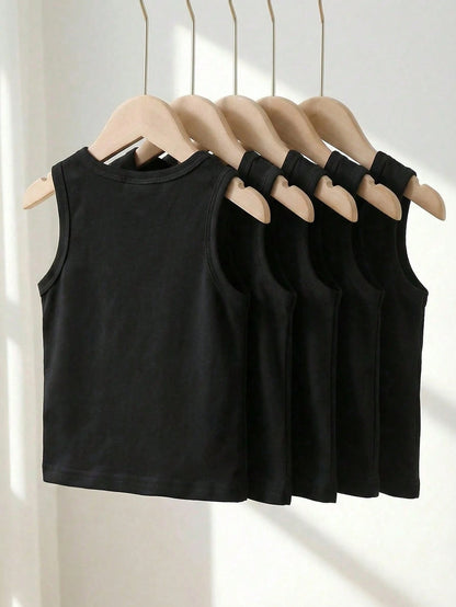 Playful Pals 5pcs/Set Baby Boys Black Knit Sleeveless Tank Tops Summer Casual Work Vest Tees For 6 Months To 3 Years Soft Layering Piece For Outings And Travel