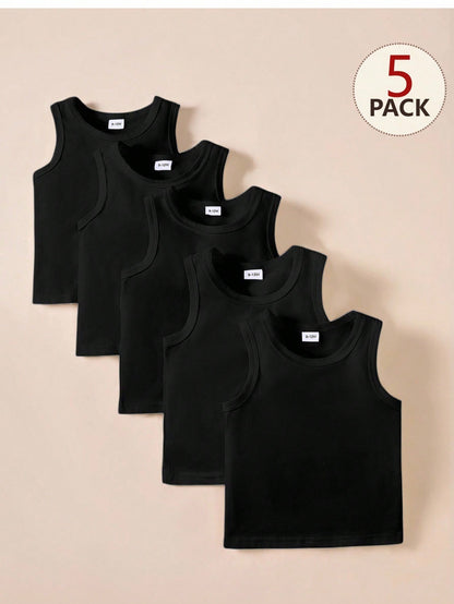 Playful Pals 5pcs/Set Baby Boys Black Knit Sleeveless Tank Tops Summer Casual Work Vest Tees For 6 Months To 3 Years Soft Layering Piece For Outings And Travel