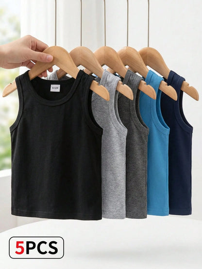 Playful Pals 5pcs/Set Baby Boys Toddler Knit Sleeveless Tank Tops Navy Blue Summer Casual Work Undershirts For 6 Months To 3 Years Old Multicolor Basic Vest Tops