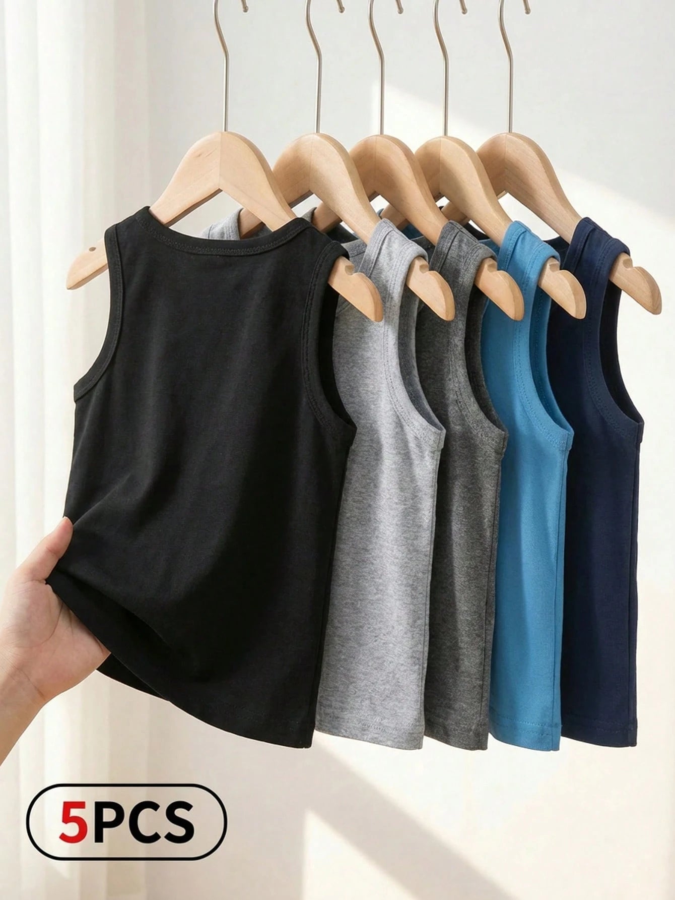 Playful Pals 5pcs/Set Baby Boys Toddler Knit Sleeveless Tank Tops Navy Blue Summer Casual Work Undershirts For 6 Months To 3 Years Old Multicolor Basic Vest Tops