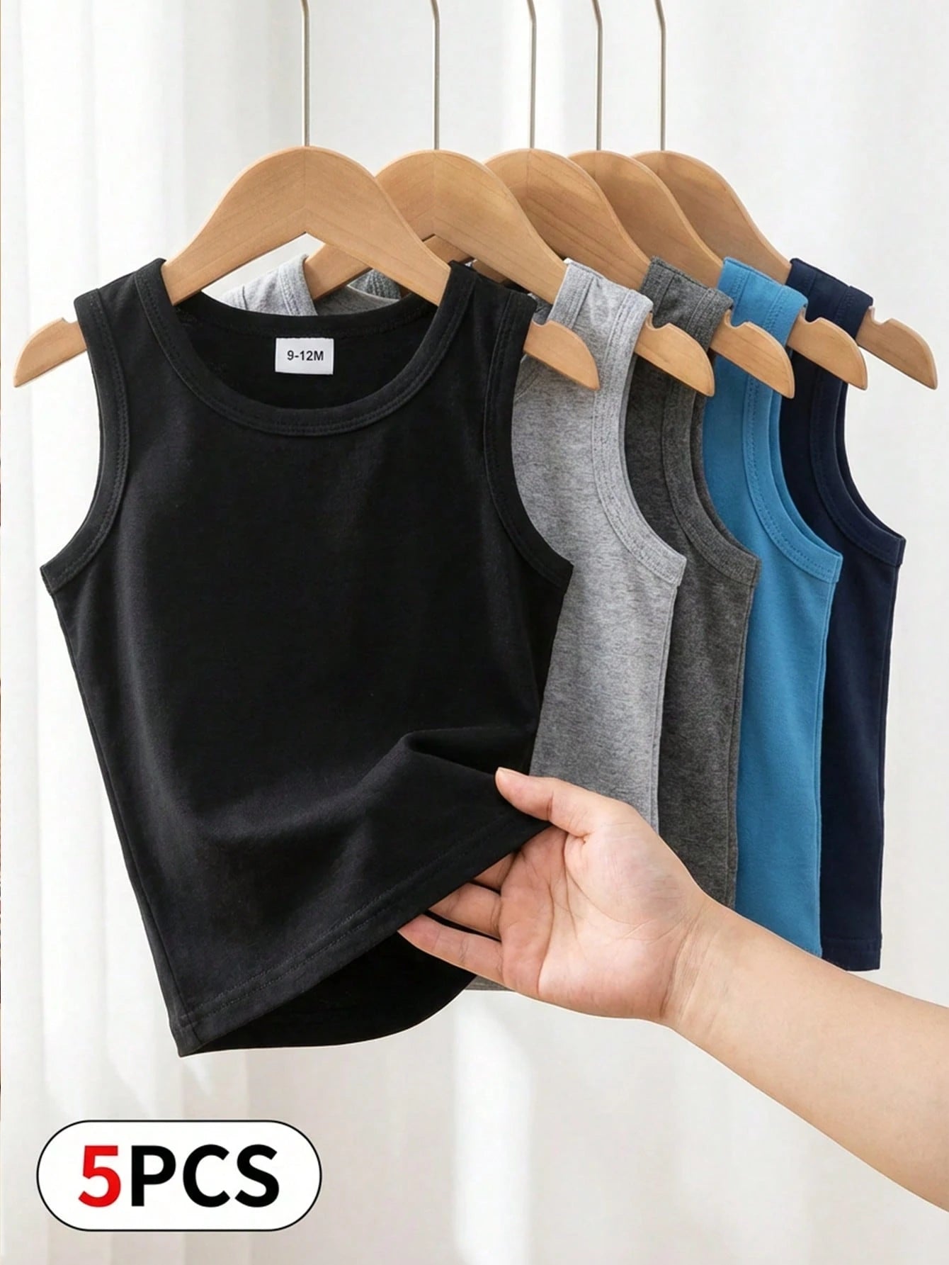 Playful Pals 5pcs/Set Baby Boys Toddler Knit Sleeveless Tank Tops Navy Blue Summer Casual Work Undershirts For 6 Months To 3 Years Old Multicolor Basic Vest Tops