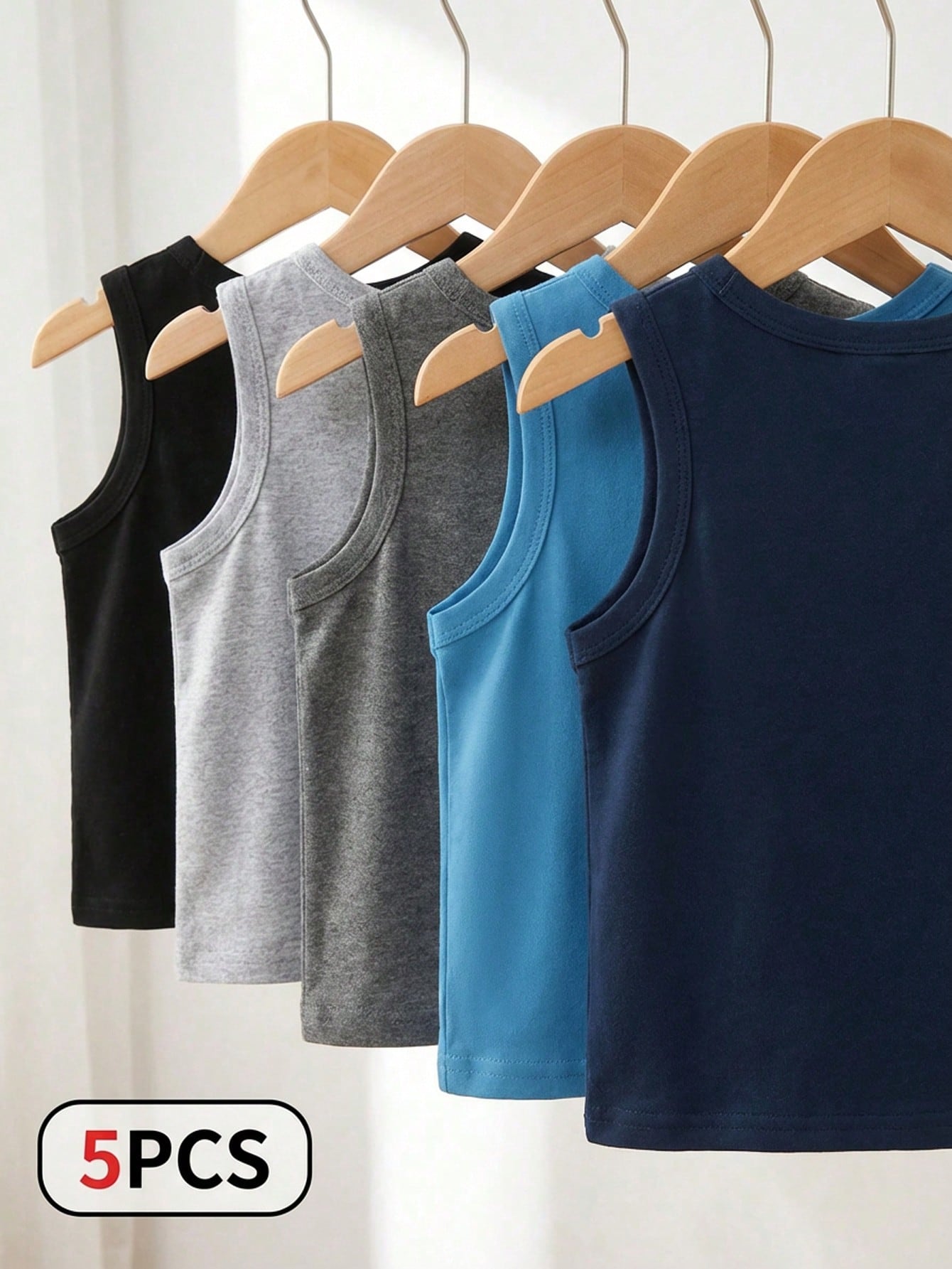Playful Pals 5pcs/Set Baby Boys Toddler Knit Sleeveless Tank Tops Navy Blue Summer Casual Work Undershirts For 6 Months To 3 Years Old Multicolor Basic Vest Tops
