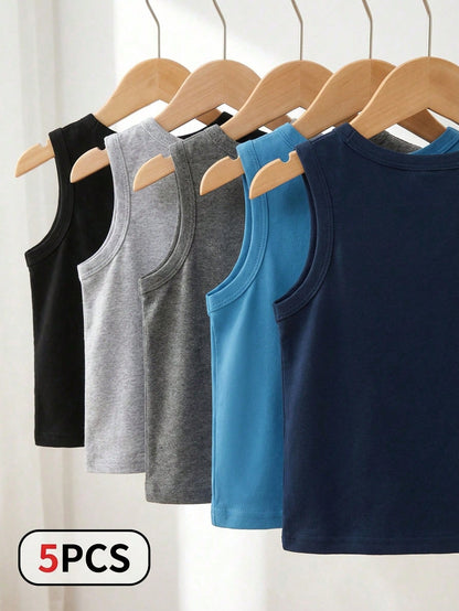 Playful Pals 5pcs/Set Baby Boys Toddler Knit Sleeveless Tank Tops Navy Blue Summer Casual Work Undershirts For 6 Months To 3 Years Old Multicolor Basic Vest Tops