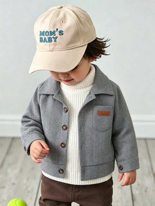 Playful Pals Baby Boy Letter Leather Patch Patch Pocket Lapel Long Sleeve Jacquard Wool Shirt Jacket, School, Casual, Vacation, Sports, Daily, Autumn/Winter, 6M-3T, Children's Clothing, Toddler