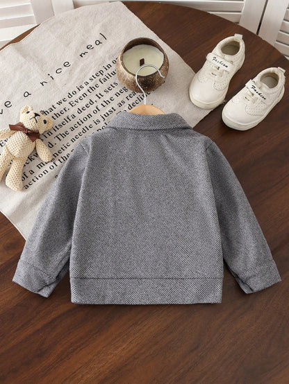 Playful Pals Baby Boy Letter Leather Patch Patch Pocket Lapel Long Sleeve Jacquard Wool Shirt Jacket, School, Casual, Vacation, Sports, Daily, Autumn/Winter, 6M-3T, Children's Clothing, Toddler