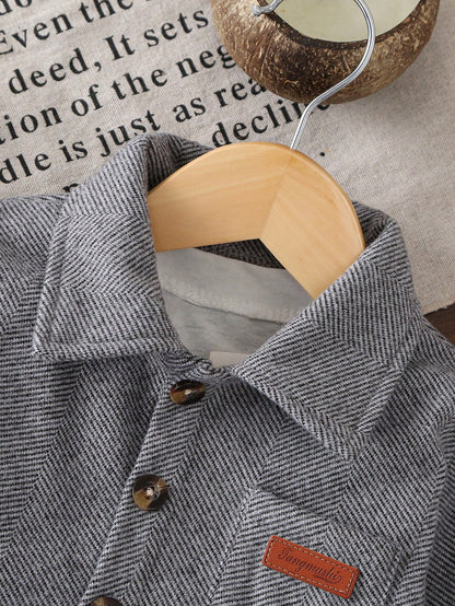 Playful Pals Baby Boy Letter Leather Patch Patch Pocket Lapel Long Sleeve Jacquard Wool Shirt Jacket, School, Casual, Vacation, Sports, Daily, Autumn/Winter, 6M-3T, Children's Clothing, Toddler