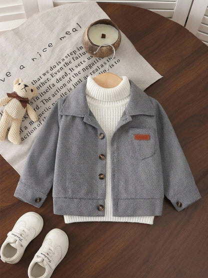 Playful Pals Baby Boy Letter Leather Patch Patch Pocket Lapel Long Sleeve Jacquard Wool Shirt Jacket, School, Casual, Vacation, Sports, Daily, Autumn/Winter, 6M-3T, Children's Clothing, Toddler