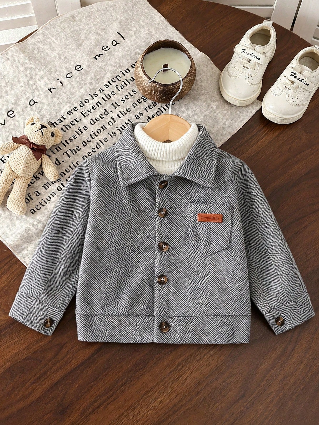 Playful Pals Baby Boy Letter Leather Patch Patch Pocket Lapel Long Sleeve Jacquard Wool Shirt Jacket, School, Casual, Vacation, Sports, Daily, Autumn/Winter, 6M-3T, Children's Clothing, Toddler