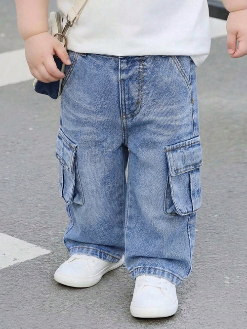 Playful Pals Baby Boy Light Blue Washed Cargo Jeans,Winter Street Life Casual Graphic Street Fashion Back-To-School Loose Mid Denim Pants With 3D Side Pockets