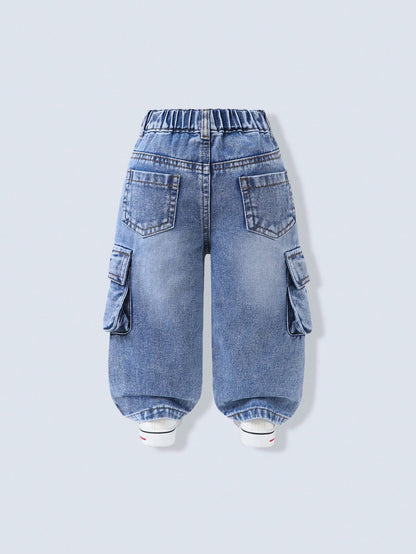 Playful Pals Baby Boy Light Blue Washed Cargo Jeans,Winter Street Life Casual Graphic Street Fashion Back-To-School Loose Mid Denim Pants With 3D Side Pockets