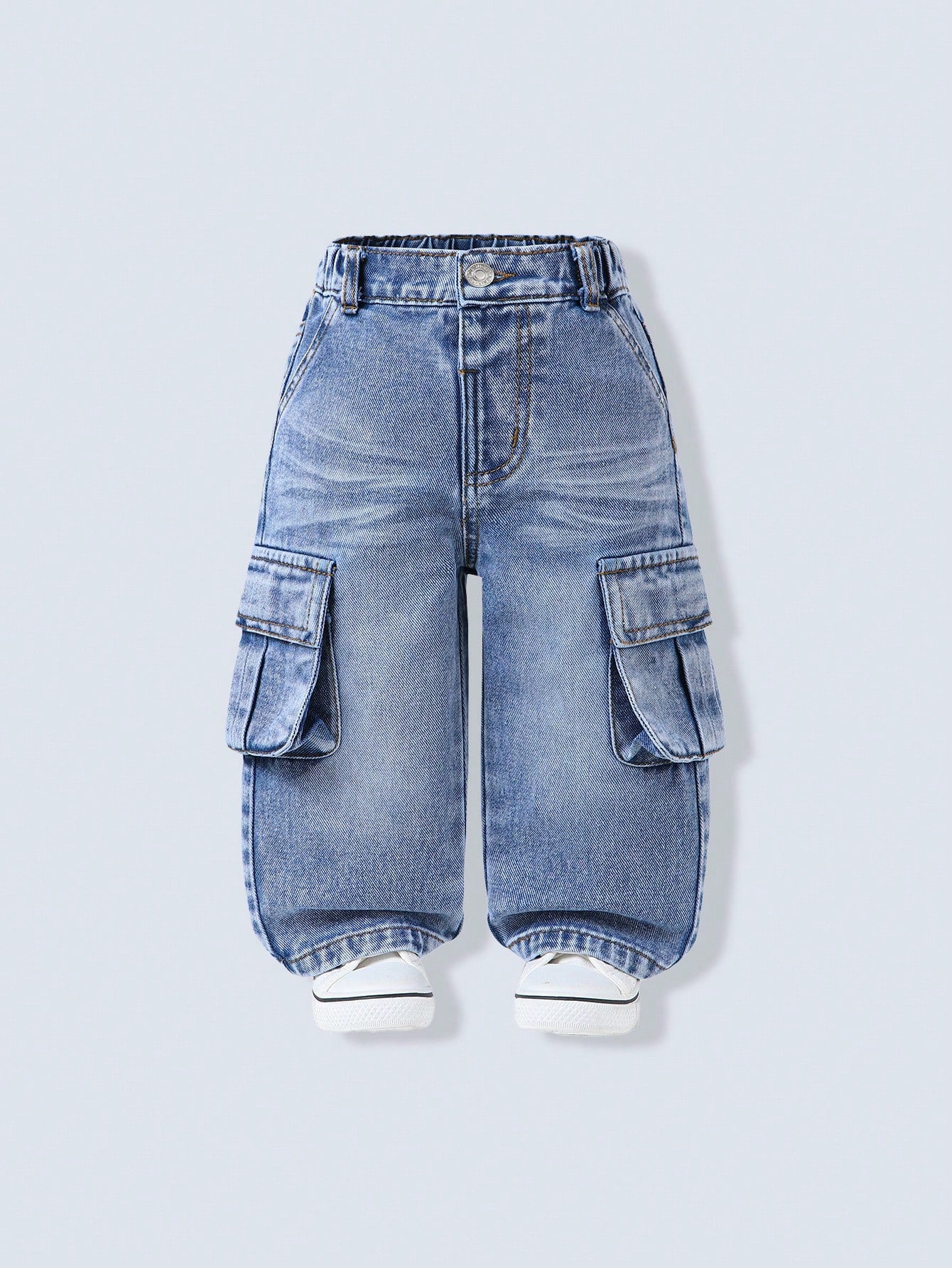 Playful Pals Baby Boy Light Blue Washed Cargo Jeans,Winter Street Life Casual Graphic Street Fashion Back-To-School Loose Mid Denim Pants With 3D Side Pockets