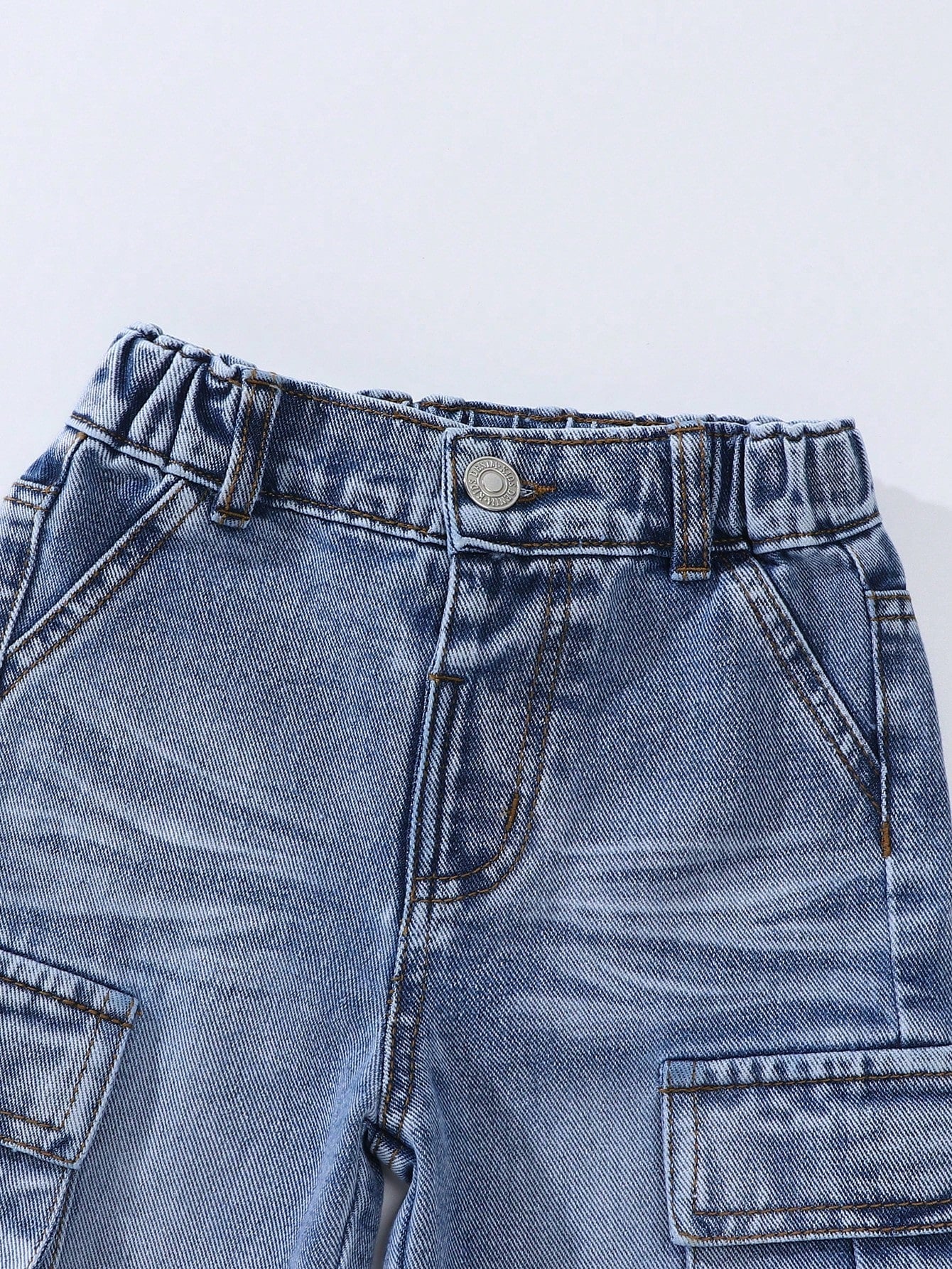Playful Pals Baby Boy Light Blue Washed Cargo Jeans,Winter Street Life Casual Graphic Street Fashion Back-To-School Loose Mid Denim Pants With 3D Side Pockets