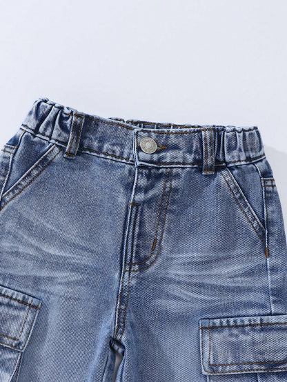 Playful Pals Baby Boy Light Blue Washed Cargo Jeans,Winter Street Life Casual Graphic Street Fashion Back-To-School Loose Mid Denim Pants With 3D Side Pockets