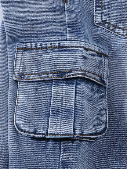 Playful Pals Baby Boy Light Blue Washed Cargo Jeans,Winter Street Life Casual Graphic Street Fashion Back-To-School Loose Mid Denim Pants With 3D Side Pockets