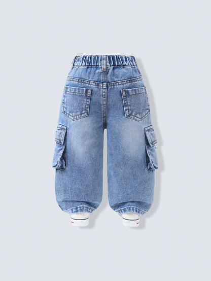 Playful Pals Baby Boy Light Blue Washed Cargo Jeans,Winter Street Life Casual Graphic Street Fashion Back-To-School Loose Mid Denim Pants With 3D Side Pockets