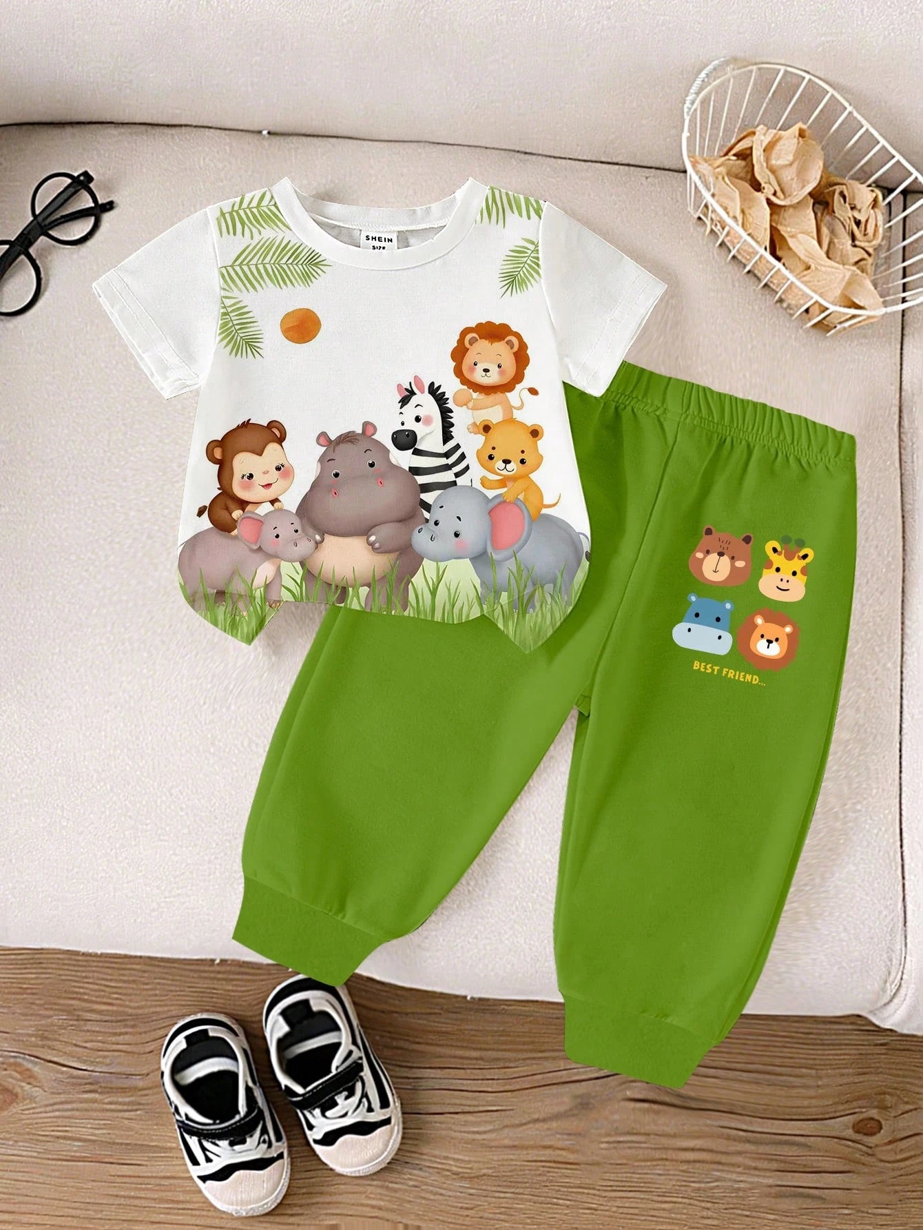 Playful Pals Baby Boys Cute Animal Zoo Monkey Hippo Elephant Zebra Lion Round Neck T-Shirt & Shorts Set,Shades Of Green,Summer,Casual,Beach Vacation Outdoor Wear