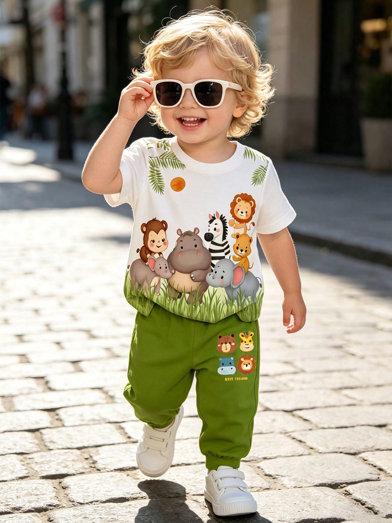 Playful Pals Baby Boys Cute Animal Zoo Monkey Hippo Elephant Zebra Lion Round Neck T-Shirt & Shorts Set,Shades Of Green,Summer,Casual,Beach Vacation Outdoor Wear