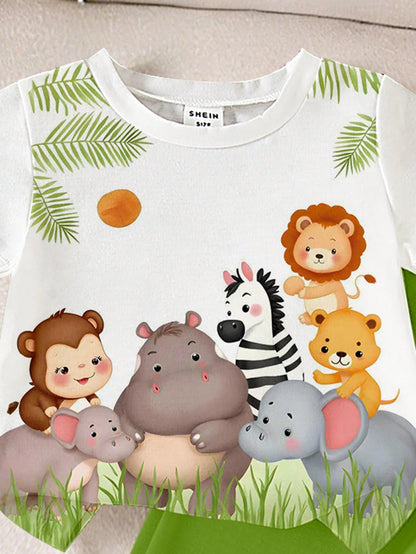 Playful Pals Baby Boys Cute Animal Zoo Monkey Hippo Elephant Zebra Lion Round Neck T-Shirt & Shorts Set,Shades Of Green,Summer,Casual,Beach Vacation Outdoor Wear